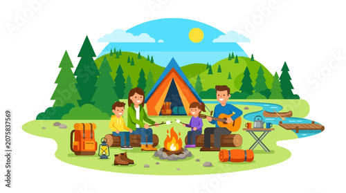 Obraz na plátně Ideal for outdoor and familythemed designs, this jovial camping scene features a mountain forest setting with a tent, campfire, music, and food