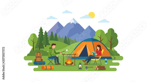 Cuadro en lienzo Campers enjoying outdoor adventure in the mountains with tents, gear, backpacks, lanterns, and snacks