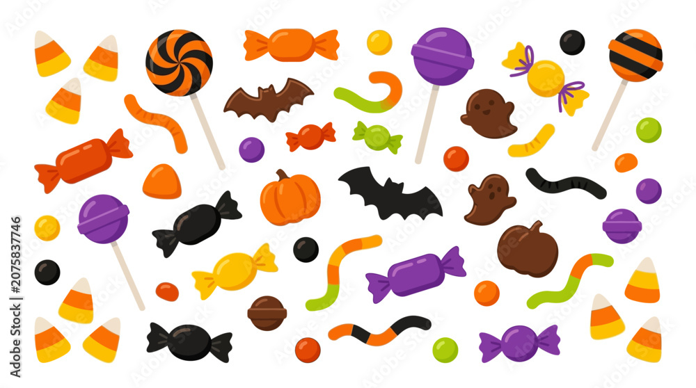 Fototapeta premium Assorted halloween sweets and treats for trickortreating, party invitations, social media posts, seasonal blog articles, and festive promotional materials.