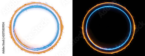 Glowing neon circles on white and black.