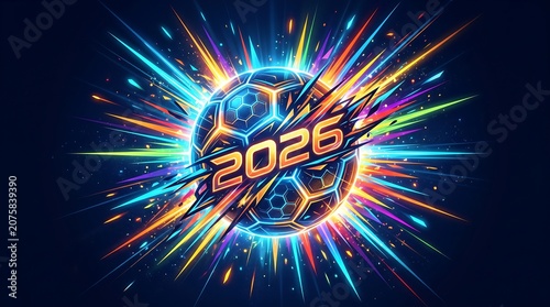 Vibrant Futuristic Soccer Ball Explosion Celebrating the Upcoming Year Twenty Twenty-Six Dynamic Digital Art Design