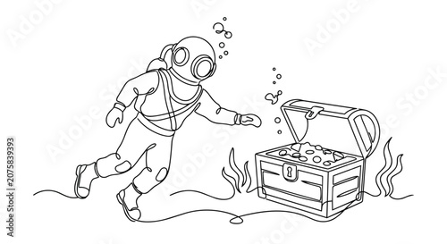 Vintage Deep Sea Diver Reaching for a Sunken Treasure Chest with Gold Coins on the Ocean Floor Line Art
