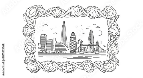 London Skyline Coloring Page with Floral Frame