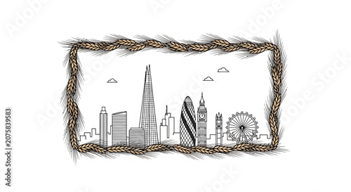 London Skyline Doodle Art with Wheat Border - Iconic Landmarks Sketch