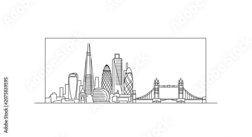 London Skyline Drawing: Iconic Buildings and Tower Bridge in Black and White Sketch