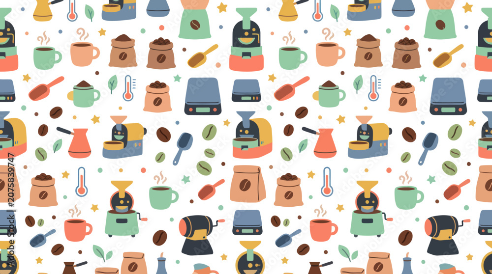 Fototapeta premium Coffee Industry Flat Cartoon Seamless Pattern with Grinders, Beans, Cups Brewing Equipment.
