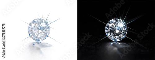 Sparkling diamond on white and black background.