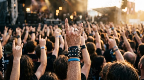 Crowd at a rock concert enthusiastically raising hands in the air