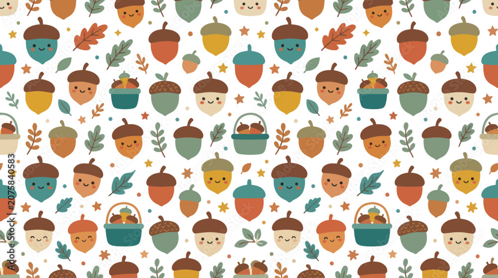 Fototapeta premium Cute Acorn Characters Autumn Pattern Vector Illustration - Flat Design