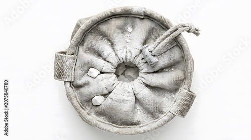 Canvas chalk bag for rock climbing filled with white powder.