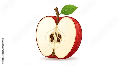 Red apple with green leaf on white background.
