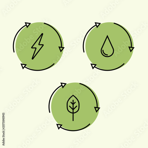 Green sustainable icons, symbols, energy, arrows, renewable, resources, icon set, sustainability, environment, black outline, circle, simple vector illustration
