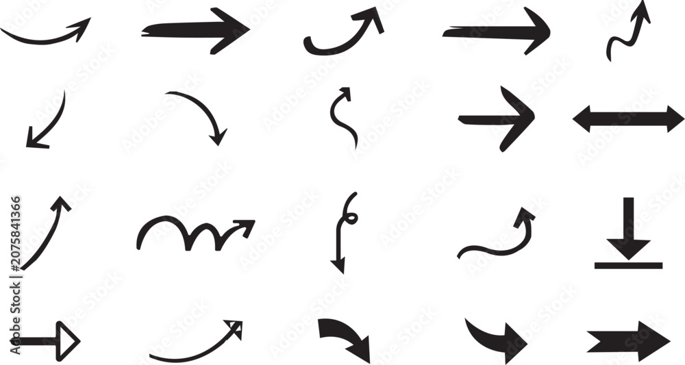 Fototapeta premium Hand drawn arrow set, 20 black ink sketch arrows, decorative pointer icons for infographics and presentations, vector eps format