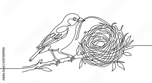 Minimalist continuous line art of a bird perched on a tree branch next to its nest with a single egg.