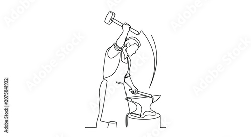 Continuous line art illustration of a skilled blacksmith hammering hot metal on an anvil in a forge