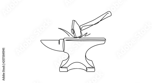 Continuous Line Drawing of a Hammer Striking a Metal Anvil for Blacksmithing and Industrial Forge Work