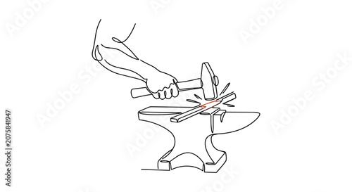 Minimalist Blacksmith Hand Forging Hot Metal on Anvil with Hammer One Line Continuous Drawing Illustration