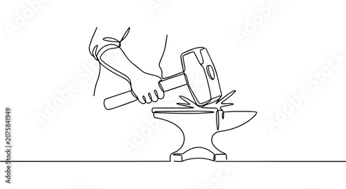 Minimalist Continuous One Line Drawing of a Blacksmith Hand Hitting an Anvil with a Large Heavy Sledge Hammer