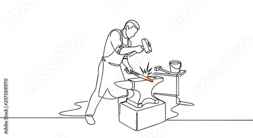 Continuous One Line Drawing of a Skilled Blacksmith Hammering Hot Glowing Iron on a Heavy Metal Anvil Forge