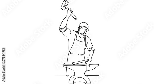 Professional Blacksmith Man Hammering on Anvil in Smithy Workshop Minimalist Single Line Drawing Illustration