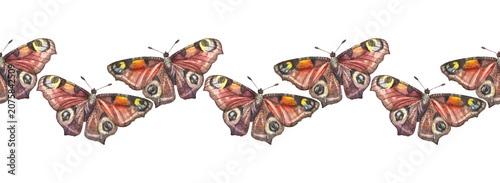 Konstfotografi Watercolor seamless border with peacock eye butterfly with eyes on wings on white background