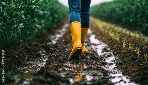 Close up of yellow rubber boots walking on muddy field path between green crops