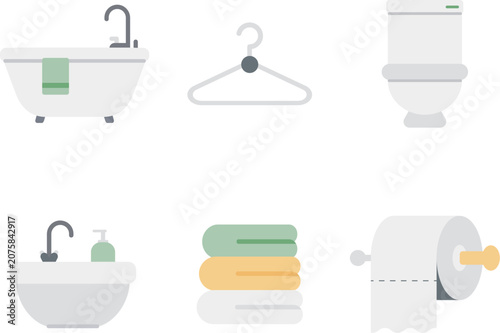 Bathroom and sanitary flat icon set, bathtub, clothes hanger, toilet, sink, towels, toilet paper vector