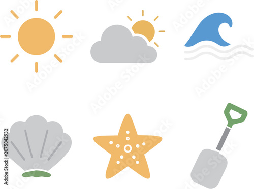 Summer beach nature flat icon set, sun, cloud, wave, seashell, starfish, sand shovel vector