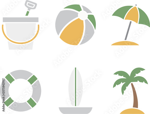 Summer beach play flat icon set, sand bucket, beach ball, parasol, swim ring, sailboat, palm tree vector