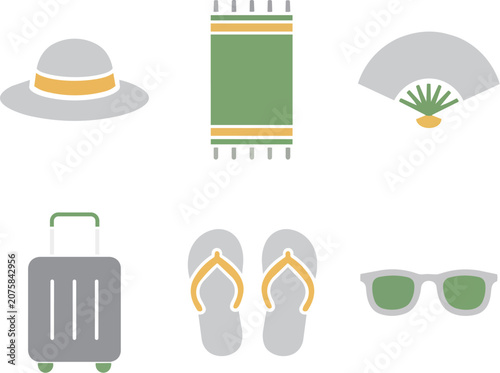 Summer travel and vacation flat icon set, sun hat, beach towel, hand fan, suitcase, flip flops, sunglasses vector