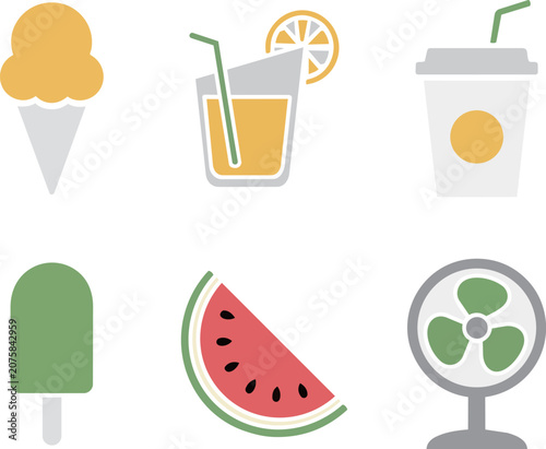Summer cool food and drink flat icon set, ice cream, lemonade, beverage, popsicle, watermelon, fan vector