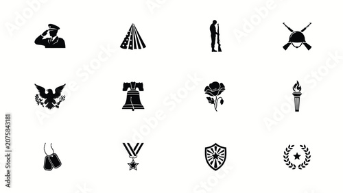 Tableau sur toile Minimalist patriotic symbols set featuring salute flag rifle eagle bell flower t