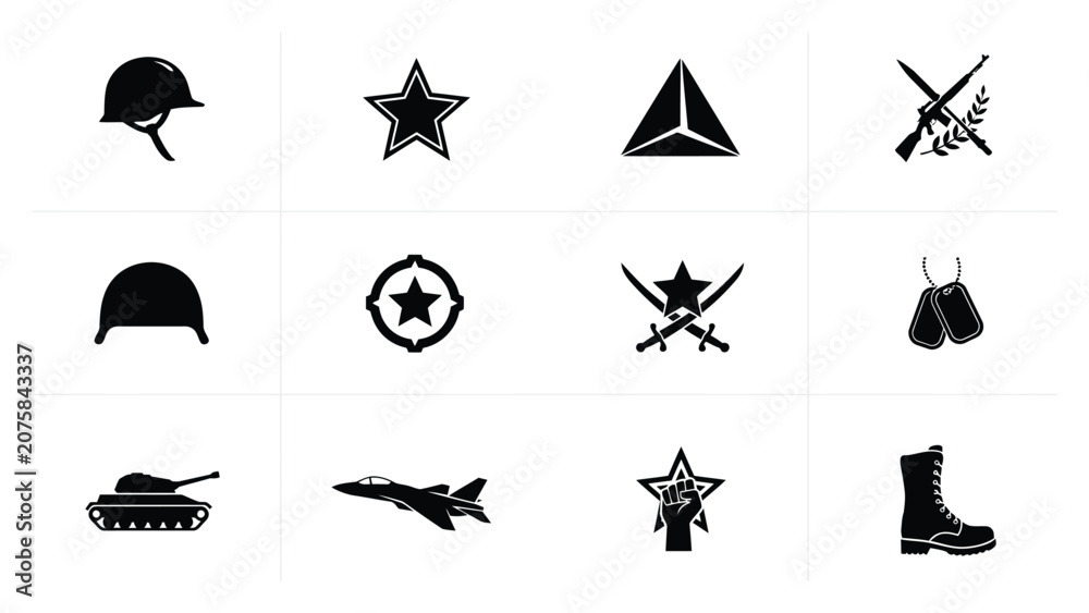 Obraz premium Military inspired flat vector icons set showcasing helmets stars weapons and combat gear for patriotic