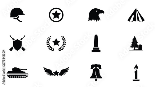 Foto Bold black and white military and victory icon collection arranged in a clean 3x