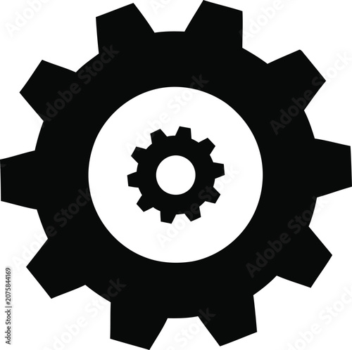 Black cogwheel with smaller inner gear during clean white background illumination for industrial concepts