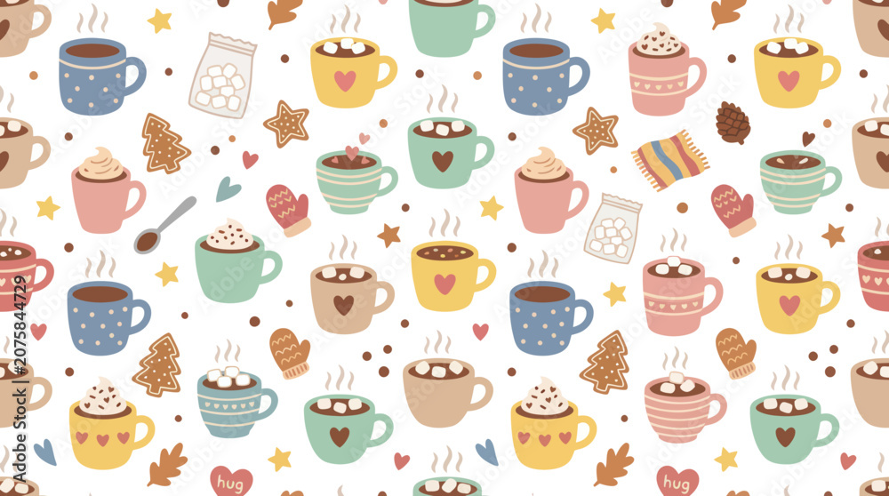 Fototapeta premium Cute Hot Chocolate Mugs and Christmas Cookies Vector Pattern