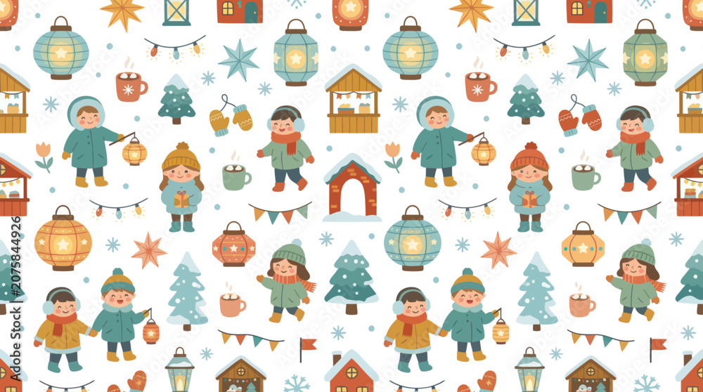 Fototapeta premium Winter Market Children with Lanterns and Festive Decorations Seamless Pattern Flat