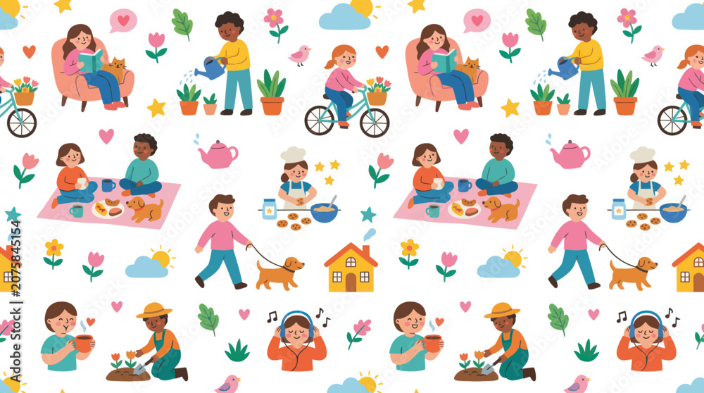 Fototapeta premium Flat style illustration of children enjoying outdoor activities and hobbies