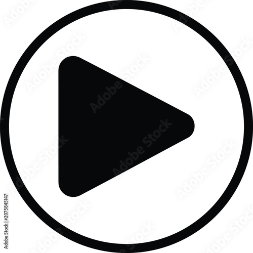 Black play button icon on white circle background with clean design and isolated graphic