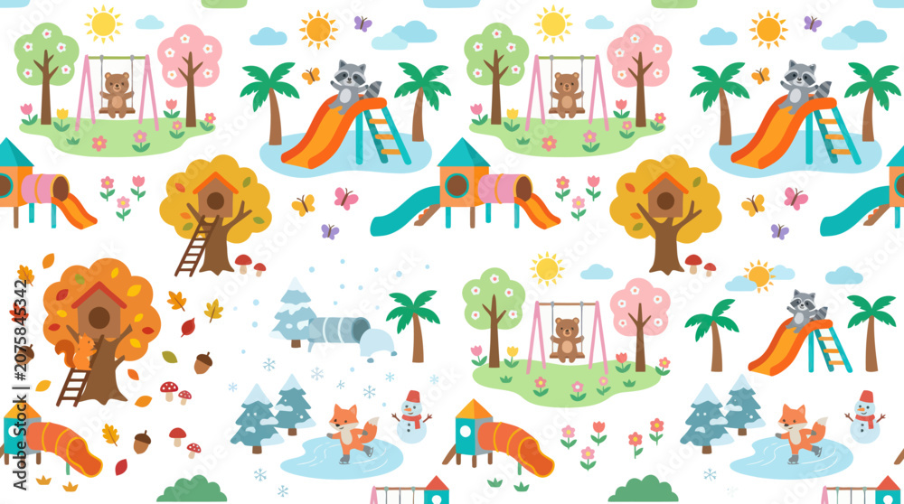 Naklejka premium Cute Animals on Playgrounds Across Four Seasons Flat Vector Seamless Pattern for Kids