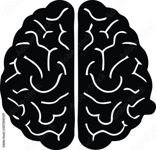 Black silhouette of a human brain seen from above with white gyri patterns against a white background for medical or conceptual use