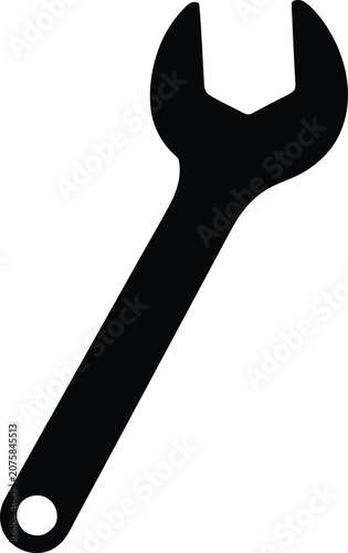 Black silhouette of a single open-end wrench isolated on a clean white background representing repair and construction