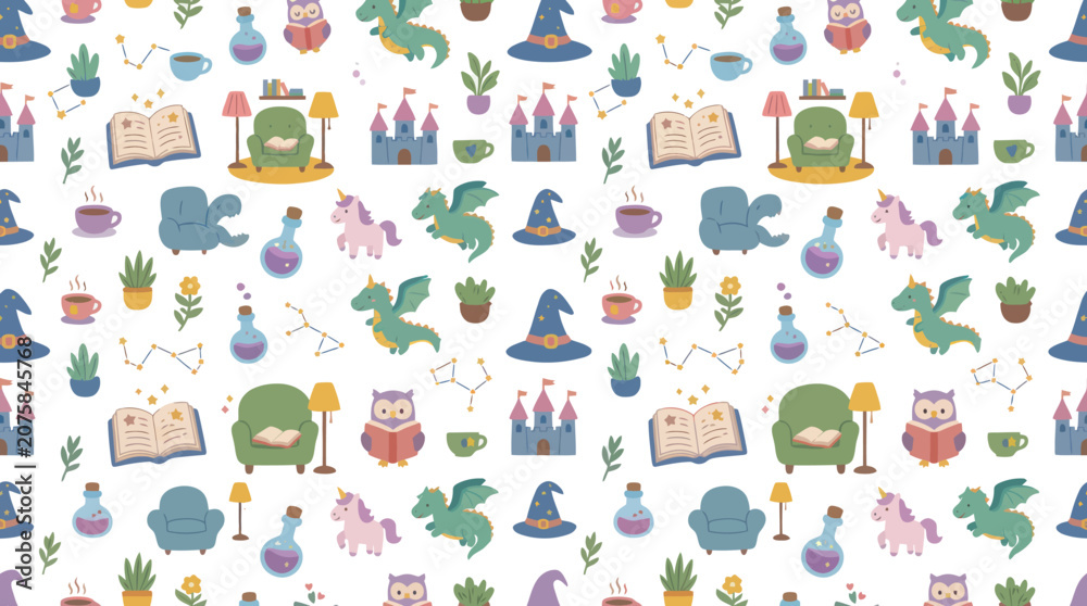 Fototapeta premium Cute Fantasy Seamless Pattern: Dragons, Castles, Unicorns, Books, Owls