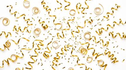 Festive gold ribbon streamers and confetti on white background with streamers confetti celebration background birthday metallic decoration carnival festivity partydecor celebrating