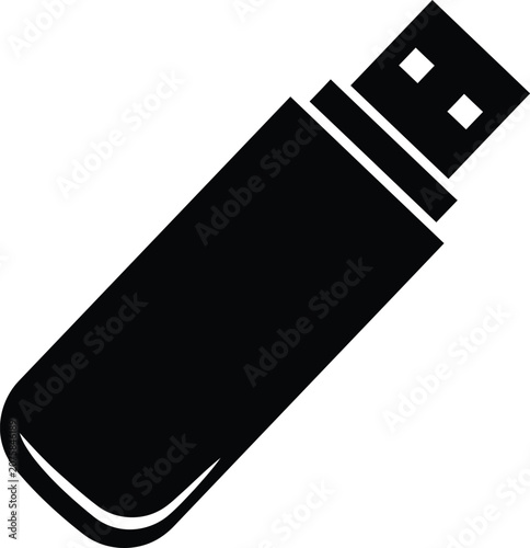 Black USB flash drive angled against a clean white background symbolizing digital storage and data transfer