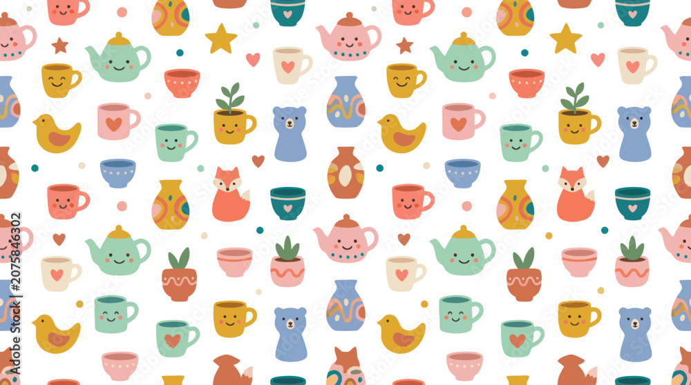 Fototapeta premium Cute Kawaii Tea Party Pattern with Teapots, Cups, and Animals - Flat Design