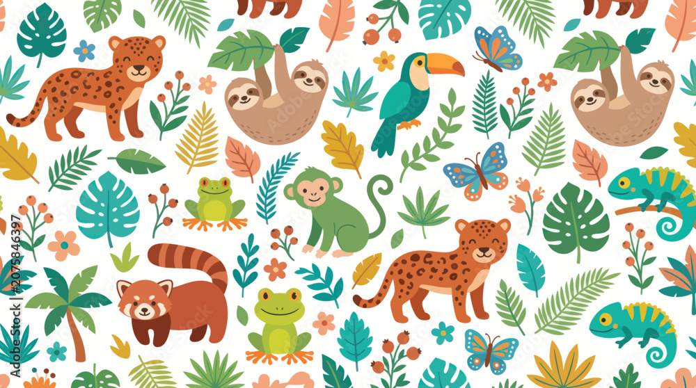 Fototapeta premium Cute Flat Cartoon Jungle Animals Seamless Pattern with Tropical Wildlife and Exotic Flora Vector Illustration