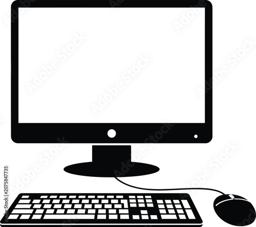 Computer monitor with keyboard and mouse set on a clean white background studio lighting