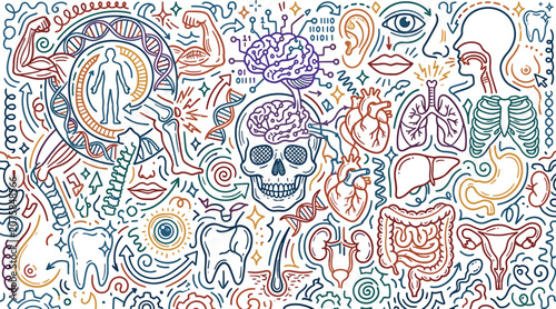 Foto Human anatomy and biological systems detailed doodle illustration with digestive