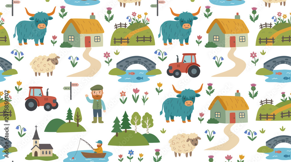 Naklejka premium Cute Scottish Farm Life Flat Vector Seamless Pattern with Highland Cows, Sheep, Tractors, Houses, Rural Landscape